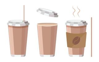 Paper coffee cup with lid on white background. illustration of a set of coffee cups with tube, open and closed lid vector