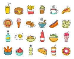 Set of flat linear color fast food icons. Thin icons for restaurant menu. Isolated vector