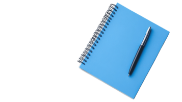 A blue spiral bound notebook with a pen on a surface, ideal for students, professionals, and anyone who loves to write, sketch or take notes in an organized manner.. png