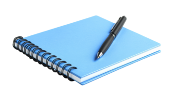 A blue spiral bound notebook placed elegantly next to a pen, perfect for note-taking, journaling, or organizing thoughts in a stylish way.. png