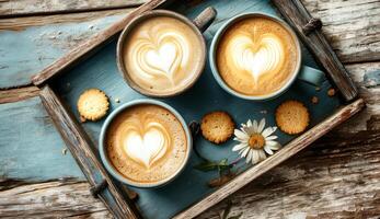 Cups of Latte heart Art Coffee with Cookies on Rustic Tray photo