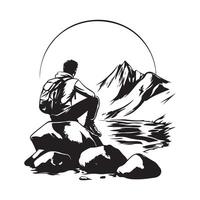 Mountain Hiker Sitting on Rocks Watching River Flow with Scenic Mountain View image vector
