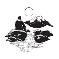 Black and white Mountain Hiker Sitting on Rocks Watching River Flow with Scenic Mountain View image vector
