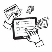 Person Reviewing Financial Transactions on Tablet concept as A person reviewing their financial transactions on a tablet with a plain background providing space for text or graphic Cleans vector