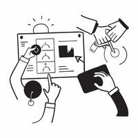 HR team collaborating on employee engagement strategies concept as A illustration of an HR team collaborating on employee engagement strategies using charts and digital tool Cleans vector