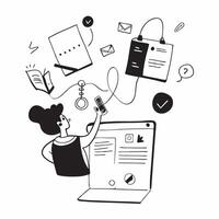 HR Specialist with Forms and Laptop in Whimsical Office concept as Long shot of an HR specialist with forms and a laptop in a whimsical office The background features quirky decor Cleans vector