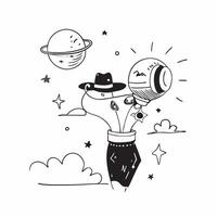 Hot Air Balloonist with Hat and Binoculars in Fantasy Sky concept as Long shot of a hot air balloonist with a hat and binoculars floating in a fantasy sky The background features Cleans vector
