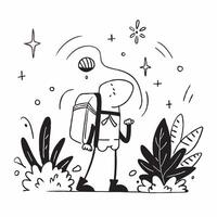 Hiker with Walking Stick and Backpack in Enchanted Forest concept as Long shot of a hiker with a walking stick and backpack in an enchanted forest The scene includes glowing plant Cleans vector