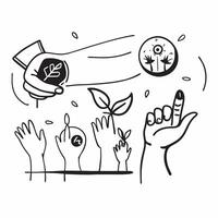 Hand holding a cut leaf with a group of volunteers concept as A hand holding a cut leaf with a group of volunteers in the background highlighting volunteer work and corporate socia Cleans vector
