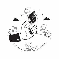 Hand holding a cut leaf with a public park concept as A hand holding a cut leaf with a public park in the background highlighting corporate social responsibility in urban green spa Cleans Set 2 vector