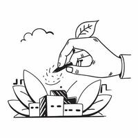 Hand holding a cut leaf with a cityscape in the background concept as A hand holding a cut leaf against a cityscape background highlighting urban environmental initiatives and corp Cleans vector