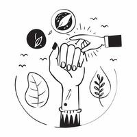 Hand holding a cut leaf with a group of volunteers concept as A hand holding a cut leaf with a group of volunteers in the background highlighting volunteer work and corporate socia Cleans Set 2 vector