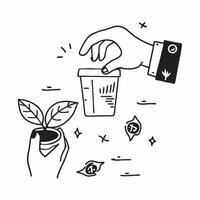 Hand holding a cut leaf with a recycling bin concept as A hand holding a cut leaf with a recycling bin in the background emphasizing waste management and corporate social responsib Cleans vector