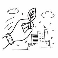 Hand holding a cut leaf with a cityscape in the background concept as A hand holding a cut leaf against a cityscape background highlighting urban environmental initiatives and corp Cleans Set 2 vector