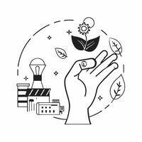 Hand holding a cut leaf in front of a recycling plant concept as A hand holding a cut leaf in front of a recycling plant emphasizing corporate social responsibility in waste manage Cleans Set 2 vector