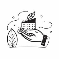 Hand holding a cut leaf in front of a corporate building concept as A hand holding a cut leaf in front of a corporate building emphasizing the integration of sustainability into co Cleans Set 2 vector