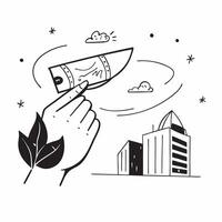 Hand holding a cut leaf in front of a corporate building concept as A hand holding a cut leaf in front of a corporate building emphasizing the integration of sustainability into co Cleans vector