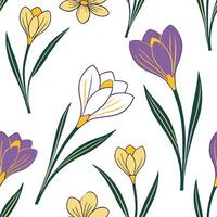 Fresh spring flower seamless pattern with crocuses and primroses for uplifting spaces concept as Uplifting crocuses and primroses in bright spring colors seamlessly patterned for f Cleans vector