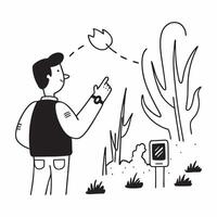 Forest Ecologist with Smartwatch and Reforestation Efforts in Burned Forest concept as Mid shot of a forest ecologist using a smartwatch to monitor reforestation efforts in a burne Cleans vector