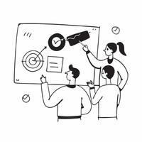 Flat design as Team members discussing quarterly targets in a business meeting concept as A illustration of team members discussing quarterly targets in a business meeting u Cleans vector