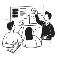 Flat design as Team members discussing market trends in a business meeting concept as A illustration of team members discussing market trends in a business meeting using a 3 Cleans vector