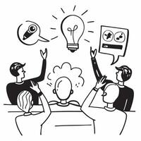 Flat design as Team brainstorming ideas in a creative meeting room concept as A illustration of a team brainstorming ideas in a creative meeting room using a 3 color scheme Cleans vector