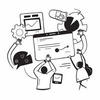 Flat design as Product team collaborating on new features concept as A illustration of a product team collaborating on new features using laptops and digital tools with an 8 Cleans vector
