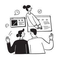 Flat design as Project manager leading a hybrid meeting concept as A illustration of a project manager leading a hybrid meeting with both onsite and remote participants usin Cleans Set 2 vector