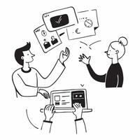 Flat design as Marketing consultant collaborating with clients concept as A illustration of a marketing consultant collaborating with clients using laptops and digital tools Cleans vector