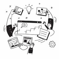 Flat design as Marketing team brainstorming in a creative workspace concept as A illustration of a marketing team brainstorming in a creative workspace using laptops and tab Cleans Set 2 vector