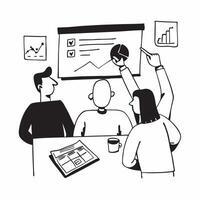 Flat design as Executives reviewing company performance in a board meeting concept as A illustration of executives reviewing company performance in a board meeting using a 3 Cleans vector