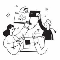 Flat design as Business team having a meeting in a modern office concept as A illustration of a business team having a meeting in a modern office using a 3 color tone to hig Cleans vector