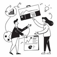 Flat design as Business partners working on a project concept as A illustration of business partners working on a project together using charts and graphs with an 8 color pa Cleans Set 2 vector
