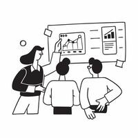Flat design as Business team analyzing data in a meeting room concept as A illustration of a business team analyzing data in a meeting room using a 3 color scheme to highlig Cleans vector