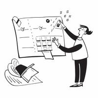 Event Planner with Calendar and Invitation concept as An event planner reviewing a calendar and holding an invitation set against a whimsical background offering ample space for te Cleans vector