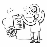 Environmental Quality Manager with Quality Plan and Certificate concept as An image of an environmental quality manager with a quality plan and ISO14001 certificate set against a w Cleans vector