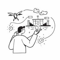 Environmental Engineer with Drone and Air Quality Monitoring in Industrial Area concept as Long shot of an environmental engineer using a drone to monitor air quality in an industr Cleans vector