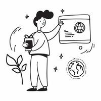 Environmental Coordinator with Leaf and Certificate concept as An image of an environmental coordinator with a leaf and ISO14001 certificate set against a whimsical background offe Cleans vector