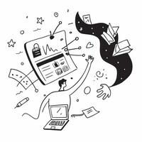 Entrepreneur with Vision Board and Laptop concept as An entrepreneur using a vision board and a laptop set against a whimsical background offering ample space for text or graphics Cleans vector
