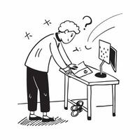 Entrepreneur looking at a failed product prototype appearing devastated concept as An entrepreneur in a casual outfit looking at a failed product prototype on a workbench appearing Cleans vector