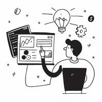 Entrepreneur using financial software to evaluate startup valuations concept as An entrepreneur in a startup office using financial software on a laptop to evaluate startup valuati Cleans vector