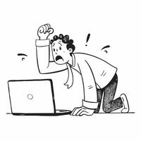Entrepreneur looking at a failed tech pitch appearing dejected concept as An entrepreneur in casual attire looking at a failed tech pitch on his laptop appearing dejected and stres Cleans vector