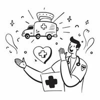 EMT with Ambulance and Heart concept as An image of an EMT with an ambulance and heart symbol set against a whimsical background offering ample space for text or graphics symbolizi Cleans vector
