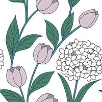Elegant spring garden seamless pattern with tulips and hydrangeas for classy outdoor spaces concept as Elegant tulips and hydrangeas arranged seamlessly in a refined spring garden Cleans Set 2 vector