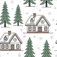 Elegant snow covered cottages and pine trees seamless tile pattern with winter charm concept as Snow covered cottages and pine trees create elegant seamless tile pattern with winte Cleans vector