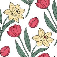 Elegant Easter orchids and tulips seamless tile pattern with rich spring hues concept as Rich spring hues highlight elegant Easter orchids and tulips in seamless tile pattern in P Cleans Set 2 vector