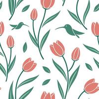 Elegant Easter tulips and hummingbirds seamless tile pattern with graceful spring motifs concept as Graceful spring motifs with elegant Easter tulips and hummingbirds create seamle Cleans vector
