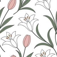Elegant Easter lilies and tulips seamless tile pattern with sophisticated spring design concept as Sophisticated spring design with elegant Easter lilies and tulips creates seamles Cleans vector