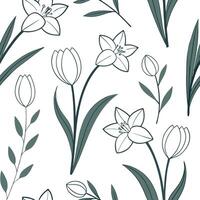 Elegant Easter orchids and tulips seamless tile pattern with rich spring hues concept as Rich spring hues highlight elegant Easter orchids and tulips in seamless tile pattern in P Cleans vector