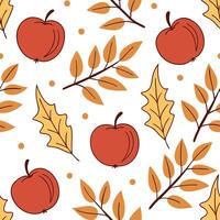 Elegant autumn harvest seamless pattern with bright red apples amber leaves and delicate branches for a refined fall design concept as Refined autumn harvest pattern with red apple Cleans vector